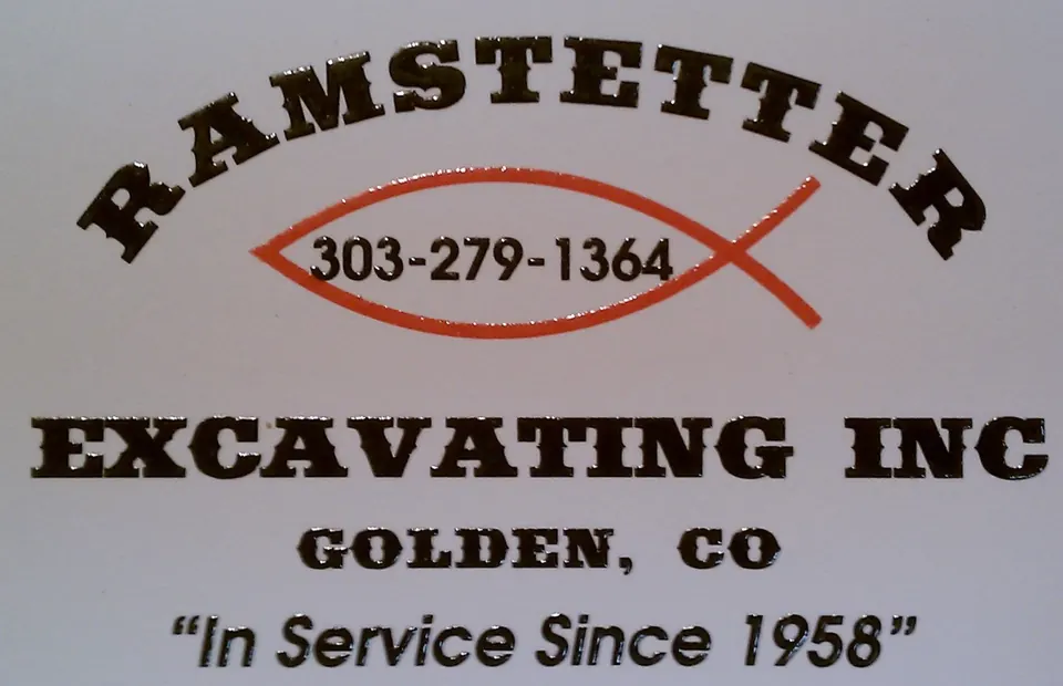The Ramstetter Excavating Inc sign: Golden, CO, phone 303-279-1364 inside a red fish outline, In Service Since 1958